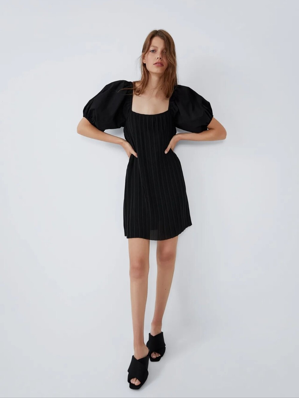 ZARA NWT Black Pleated Puff Sleeve Mini Dress Size M Square Neck Babydoll